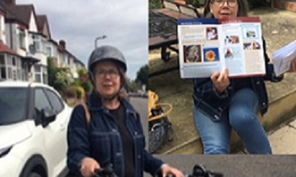 Sally getting on her bike to deliver the latest Deep Dementia News